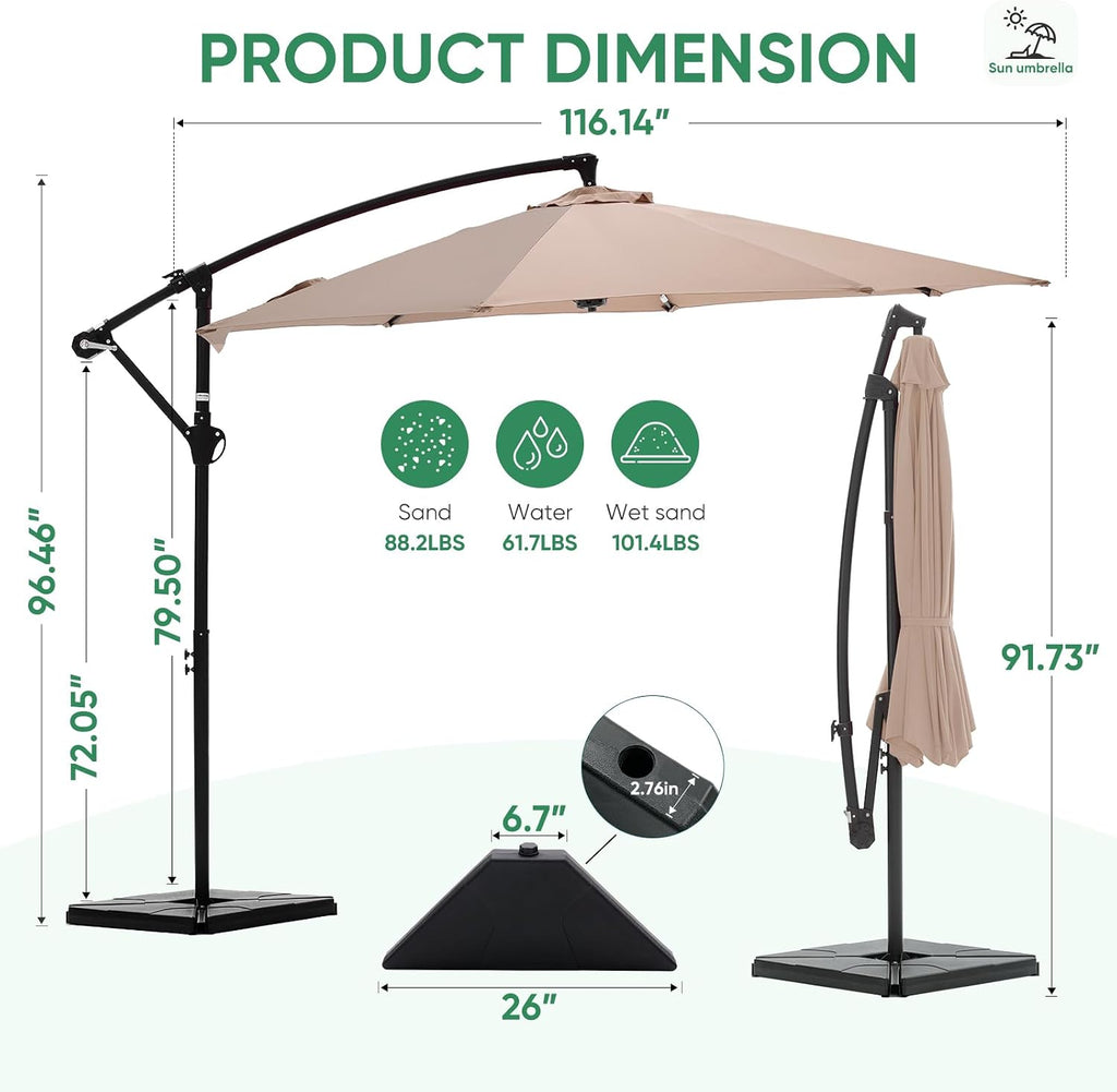 NEWBULIG 10FT Patio Umbrella with Base Included, Cantilever Umbrella, Khaki