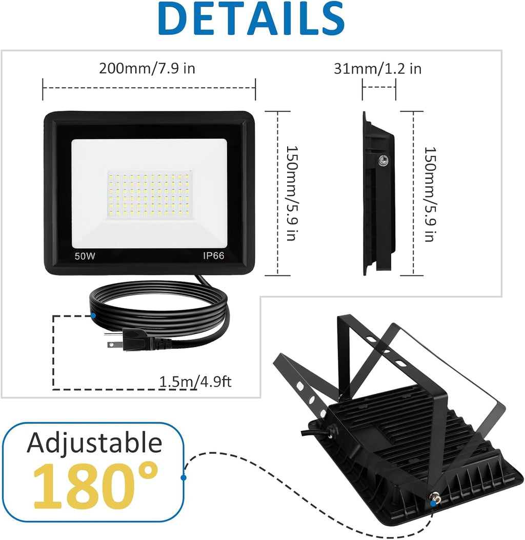 50W LED Flood Light Outdoor, 5000LM Super Bright Floodlight Outside Work Light with Plug, 6500K Daylight White LED Flood Light Outdoor, IP66 Waterproof Outdoor Flood Light-1Pack