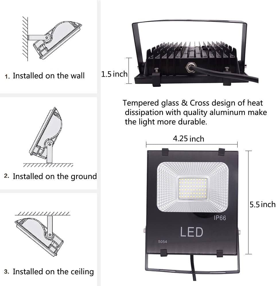 10W LED Flood Light with Plug,1000lm Super Bright Security Lights, IP66 Waterproof Outdoor Work Light, 6000K Daylight White Spotlight for Eave, Porch, Garage, Patio, Yard, Garden, Lawn