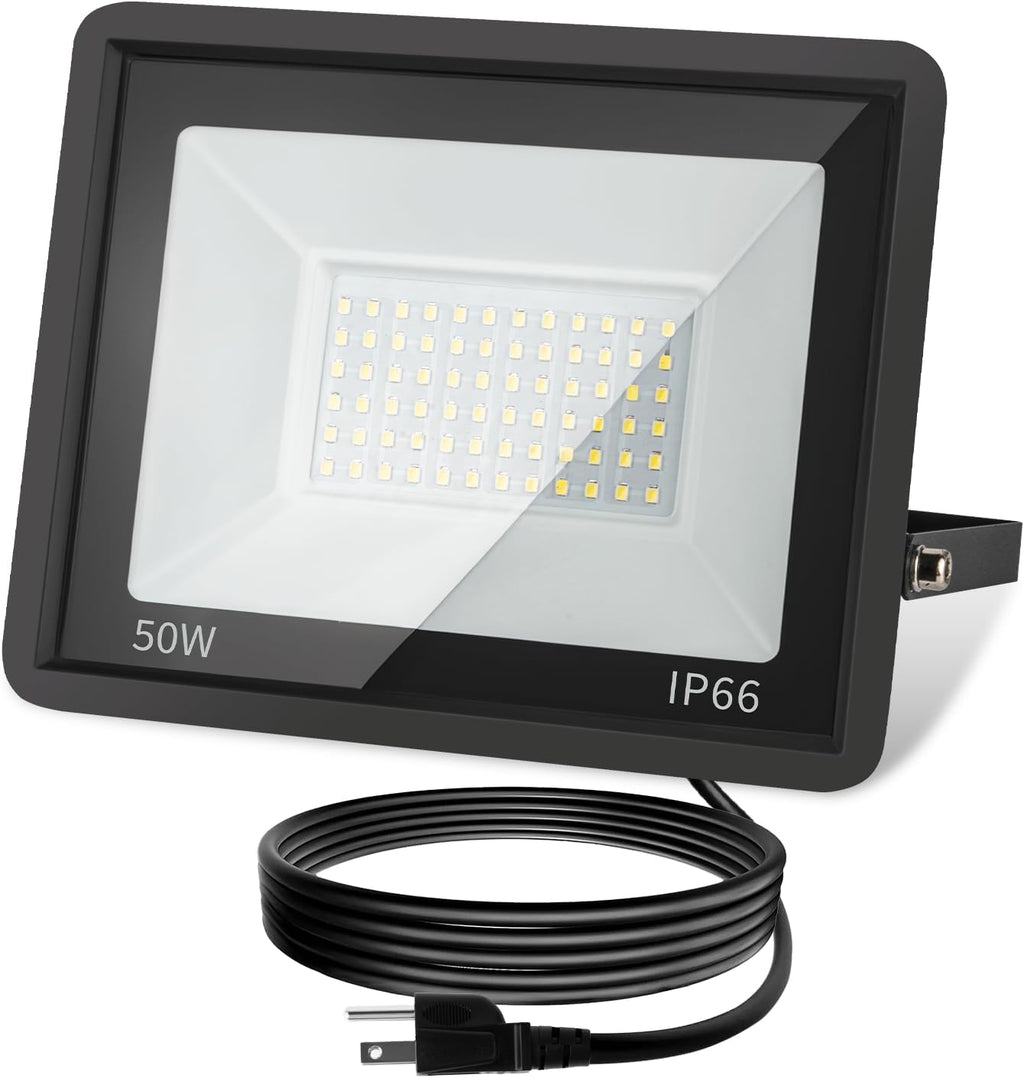 50W LED Flood Light Outdoor, 5000LM Super Bright Floodlight Outside Work Light with Plug, 6500K Daylight White LED Flood Light Outdoor, IP66 Waterproof Outdoor Flood Light-1Pack