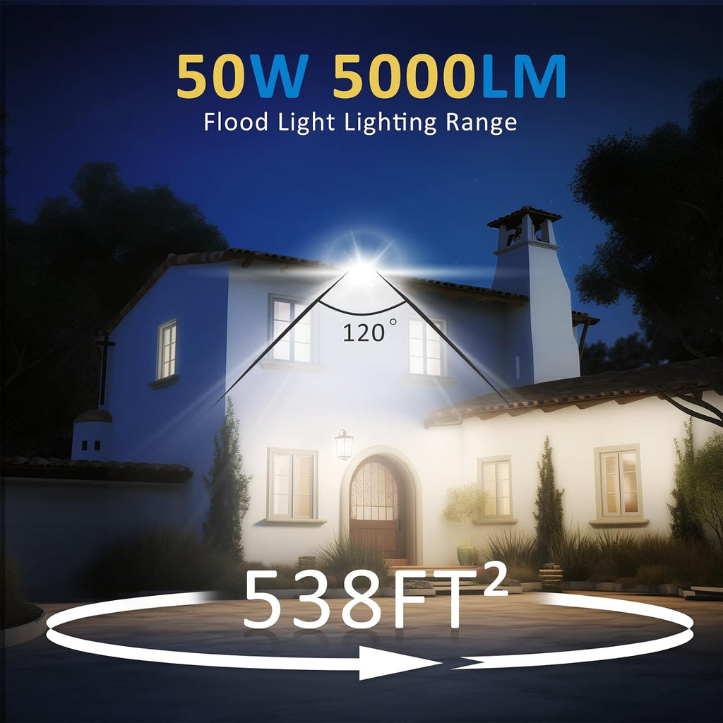 50W LED Flood Light Outdoor, 5000LM Super Bright Floodlight Outside Work Light with Plug, 6500K Daylight White LED Flood Light Outdoor, IP66 Waterproof Outdoor Flood Light-1Pack