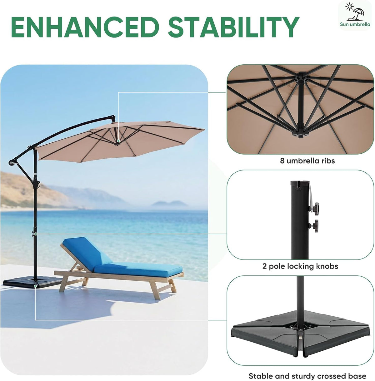 NEWBULIG 10FT Patio Umbrella with Base Included, Cantilever Umbrella, Khaki
