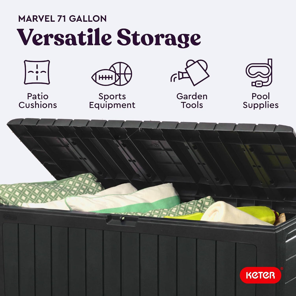 Keter Marvel Plus 71 Gallon Resin Deck Box-Organization and Storage for Patio Storage Box Outdoor Cushions, Throw Pillows, Garden Tools and Pool Accessories, Dark Grey