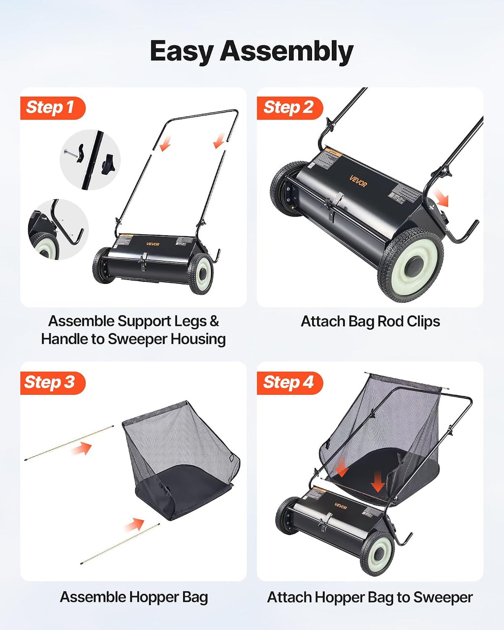 VEVOR Push Lawn Sweeper 26 Inch Leaf & Grass Collector 7 cu. ft. Hopper Bag
