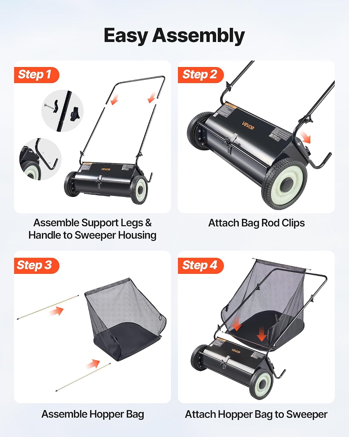 VEVOR Push Lawn Sweeper 26 Inch Leaf & Grass Collector 7 cu. ft. Hopper Bag