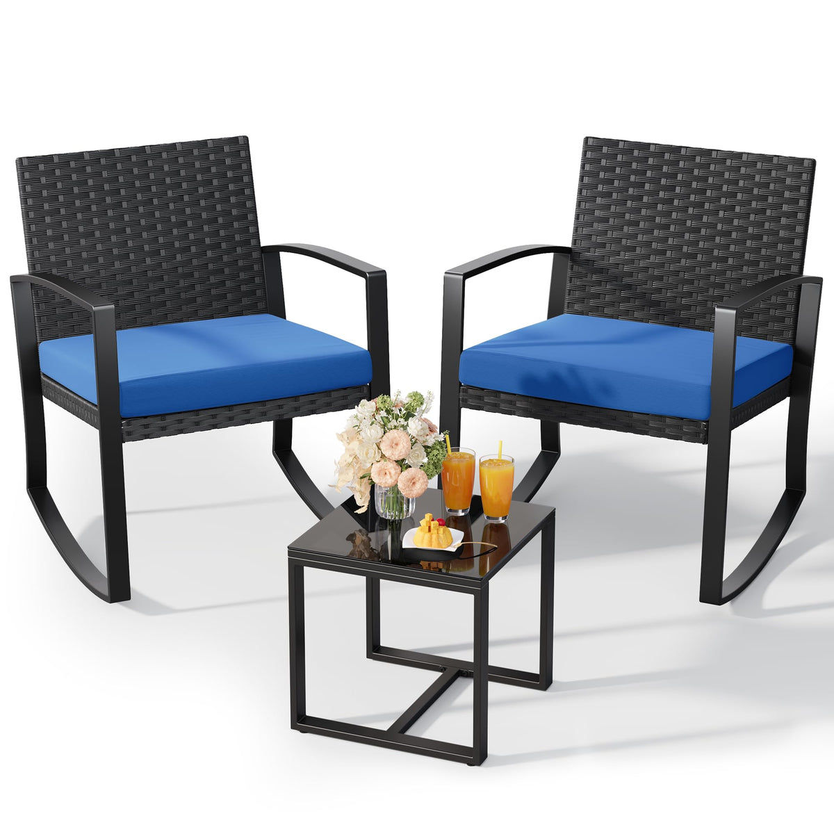 Qsun 3 Pieces Patio Furniture Set Rocking Bistro Set Outdoor Rattan Conversation with Coffee Table for Garden Balcony Backyard Poolside (Grey Cushion)