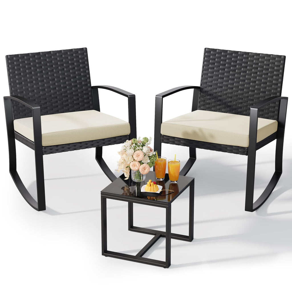 Qsun 3 Pieces Patio Furniture Set Rocking Bistro Set Outdoor Rattan Conversation with Coffee Table for Garden Balcony Backyard Poolside (Grey Cushion)