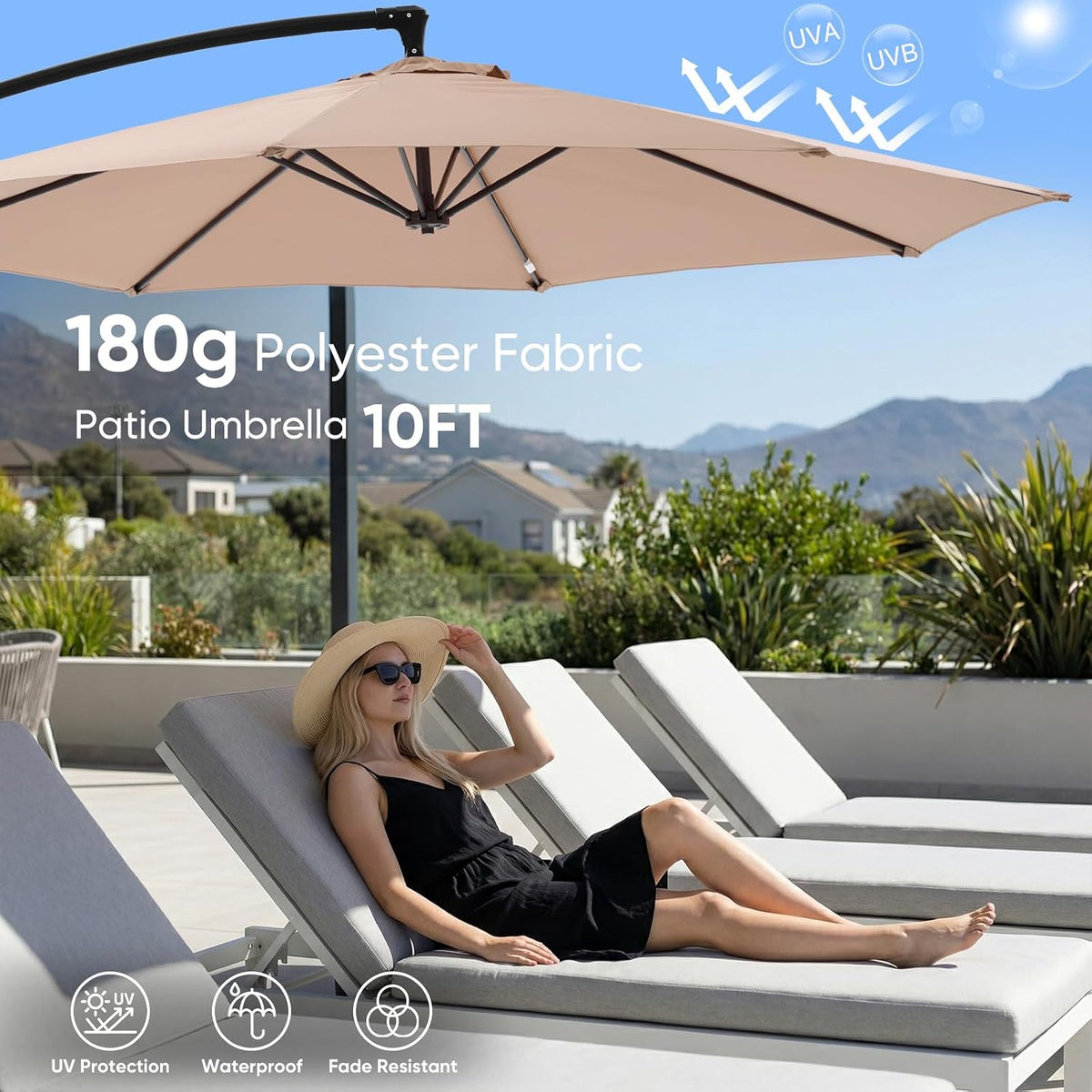 NEWBULIG 10FT Patio Umbrella with Base Included, Cantilever Umbrella, Khaki