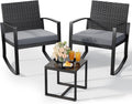 Qsun 3 Pieces Patio Furniture Set Rocking Bistro Set Outdoor Rattan Conversation with Coffee Table for Garden Balcony Backyard Poolside (Grey Cushion)