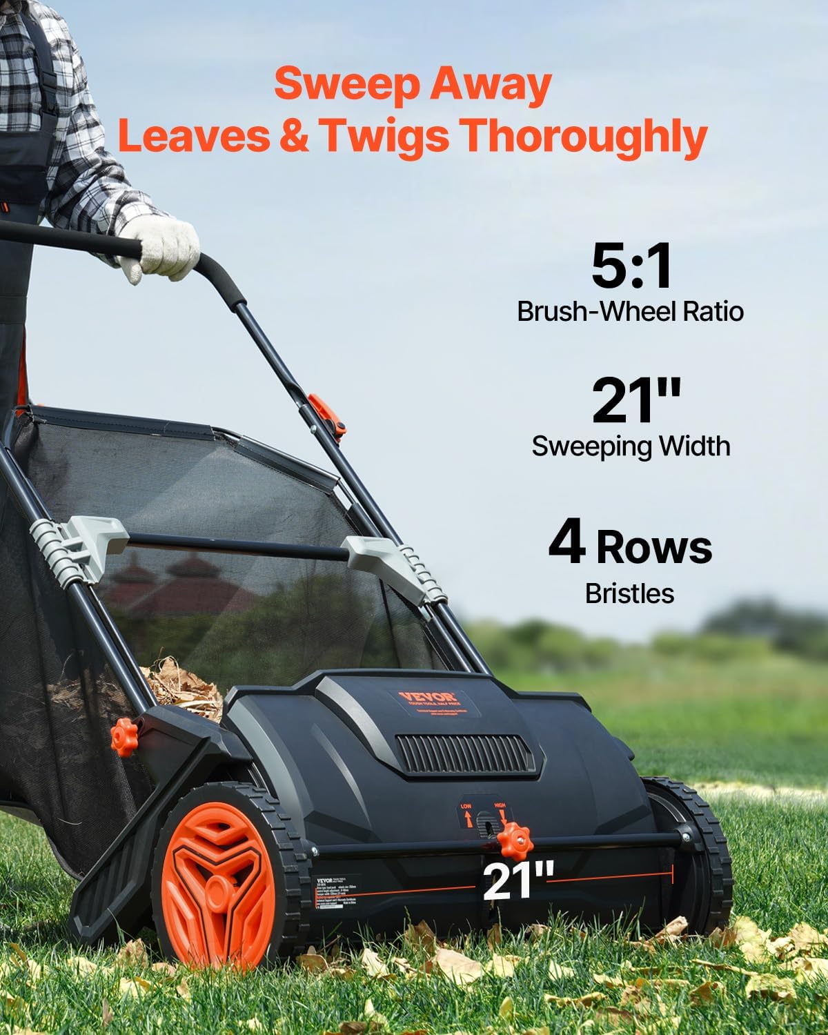 VEVOR Push Lawn Sweeper 21" Leaf & Grass Collector 3.5 cu. ft. Hopper Bag