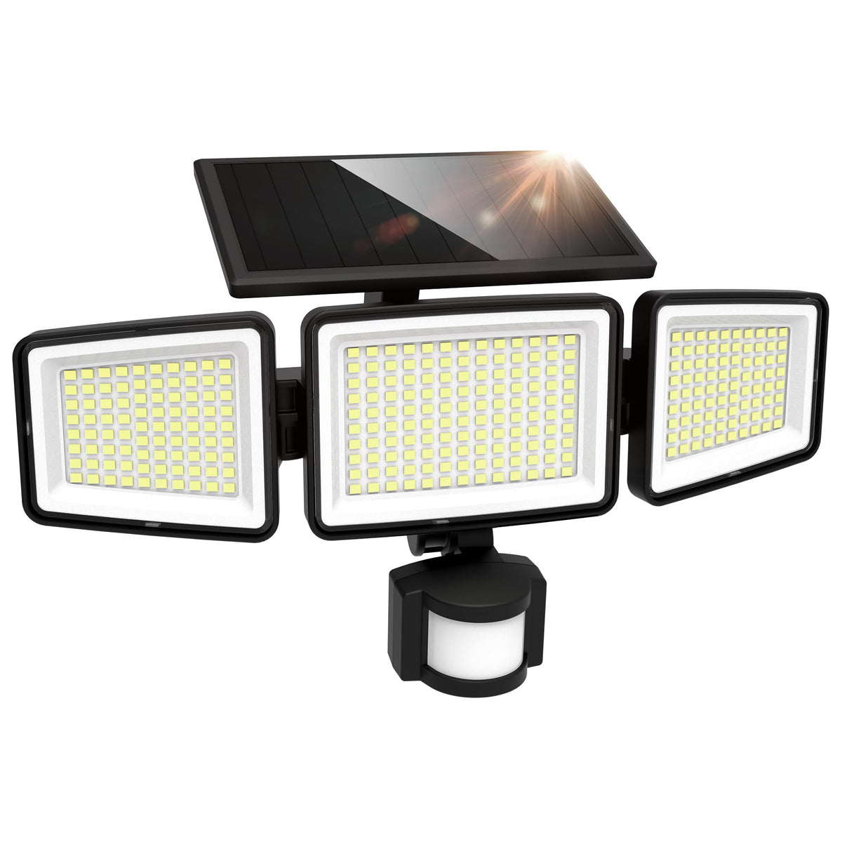 UME Solar Outdoor Lights 302 LED 3000LM, IP65 Waterproof Motion Sensor Outdoor Lights, 3 Heads Solar Security Flood Lights 270 Wide Lighting Angle with 3 Modes for Garden Patio Yard - 2 Pack