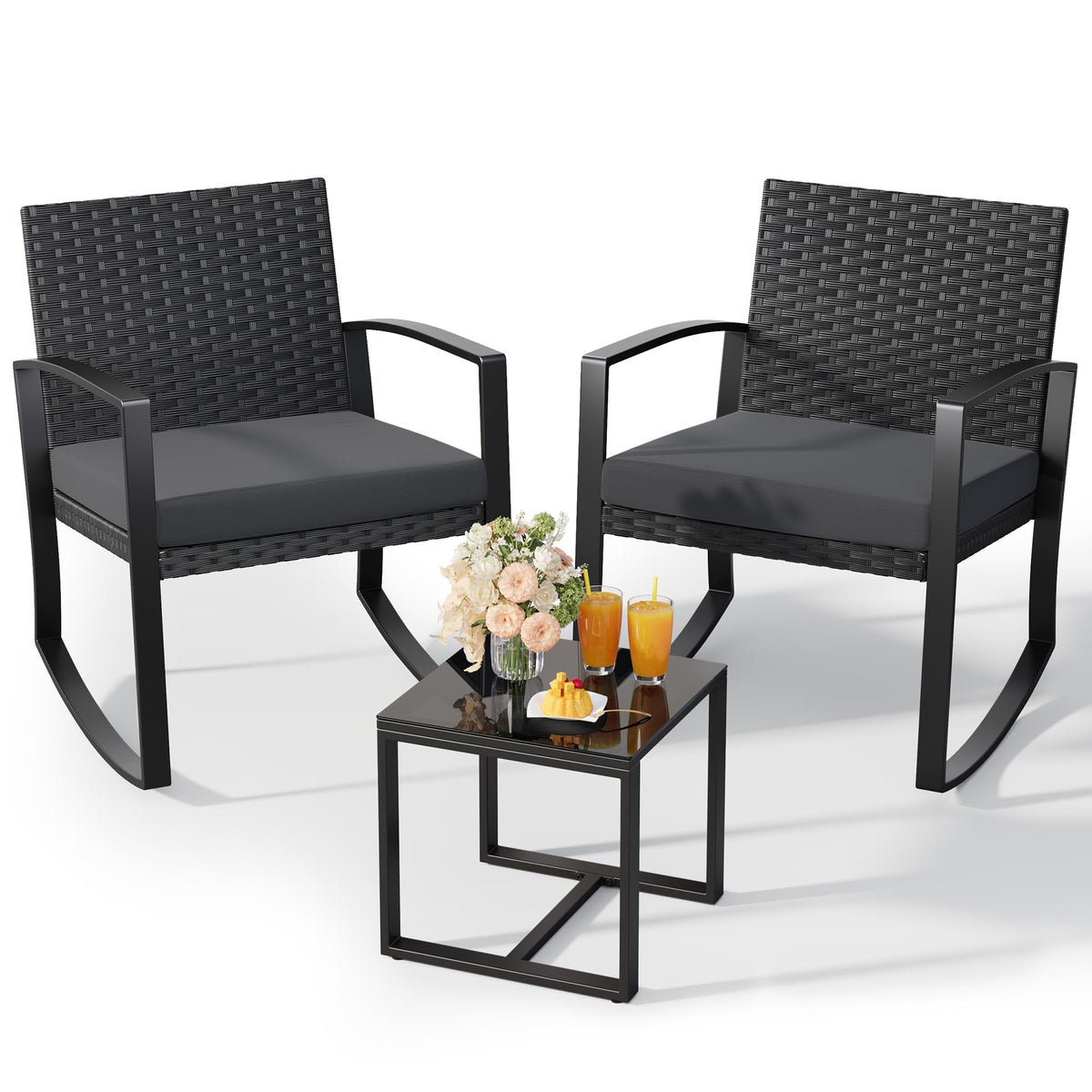 Qsun 3 Pieces Patio Furniture Set Rocking Bistro Set Outdoor Rattan Conversation with Coffee Table for Garden Balcony Backyard Poolside (Grey Cushion)