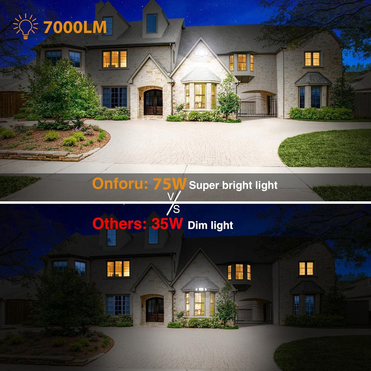 Onforu 2 Pack 75W Flood Lights Outdoor, 7000LM LED Flood Lighting Outdoor Switch Controlled, IP65 Waterproof Exterior Floodlight Fixture with 3 Adjustable Heads, 6500K Security Light for Garage Yard