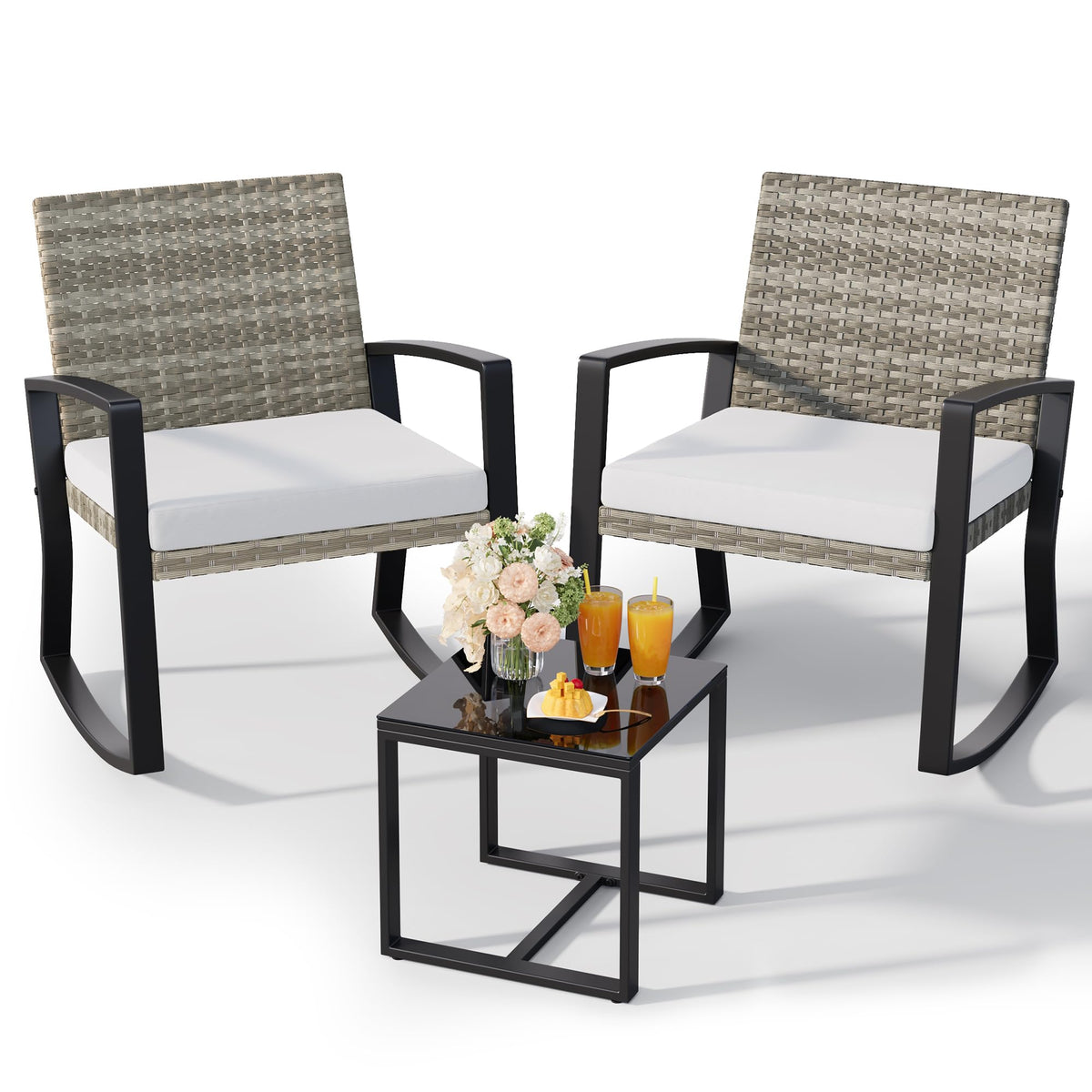Qsun 3 Pieces Patio Furniture Set Rocking Bistro Set Outdoor Rattan Conversation with Coffee Table for Garden Balcony Backyard Poolside (Grey Cushion)