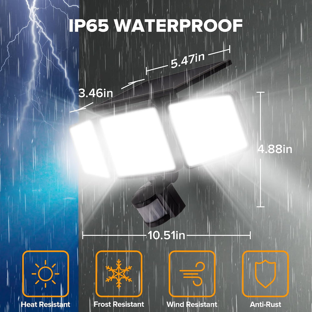 UME Solar Outdoor Lights 302 LED 3000LM, IP65 Waterproof Motion Sensor Outdoor Lights, 3 Heads Solar Security Flood Lights 270 Wide Lighting Angle with 3 Modes for Garden Patio Yard - 2 Pack