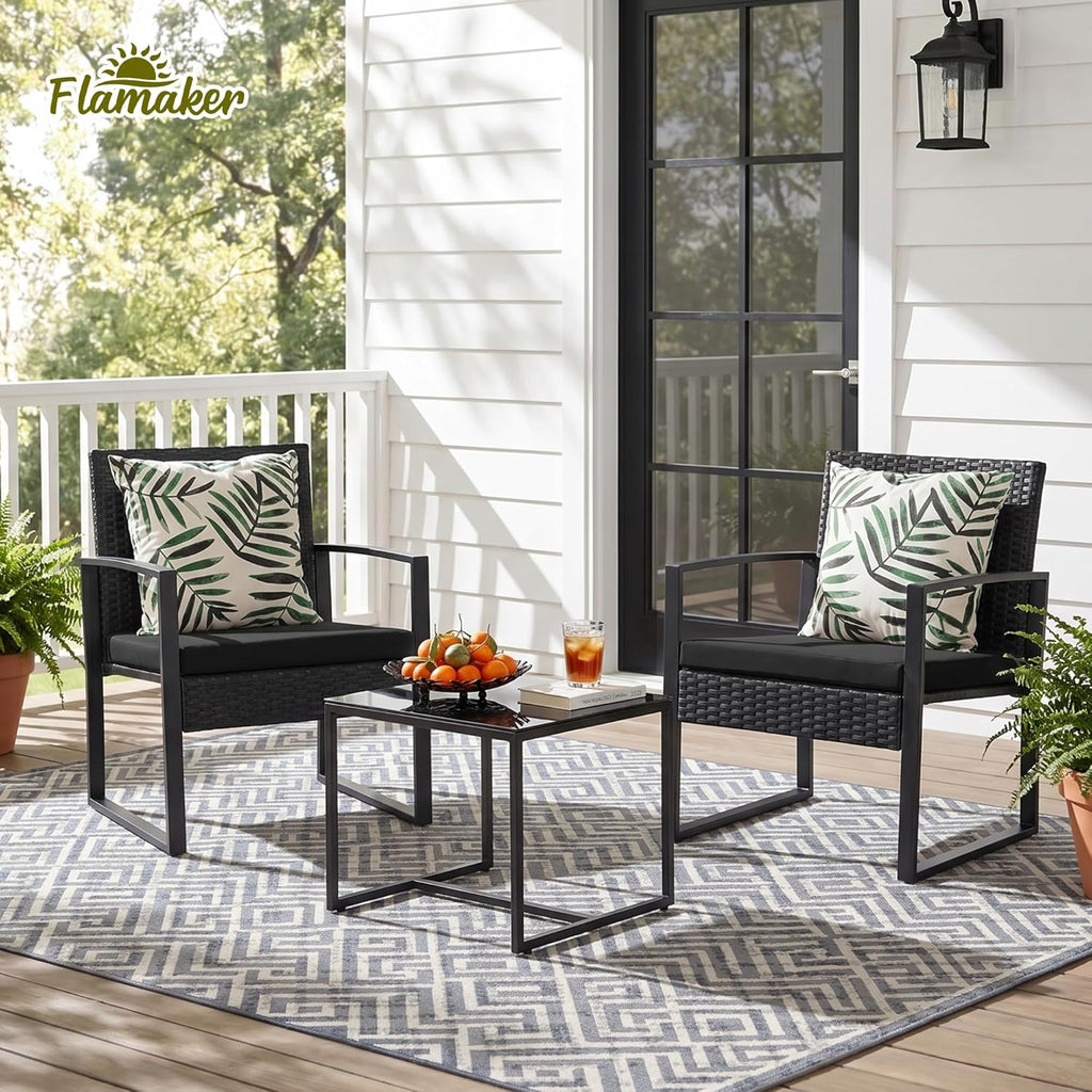 Flamaker 3 Pieces Patio Furniture Set Outdoor Wicker Bistro Chair (Black)