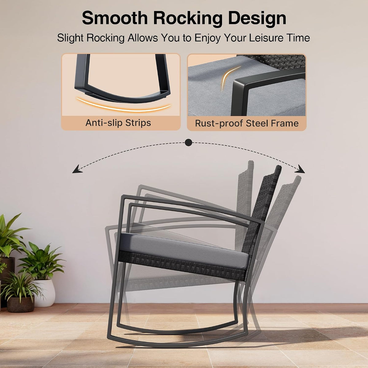 Qsun 3 Pieces Patio Furniture Set Rocking Bistro Set Outdoor Rattan Conversation with Coffee Table for Garden Balcony Backyard Poolside (Grey Cushion)