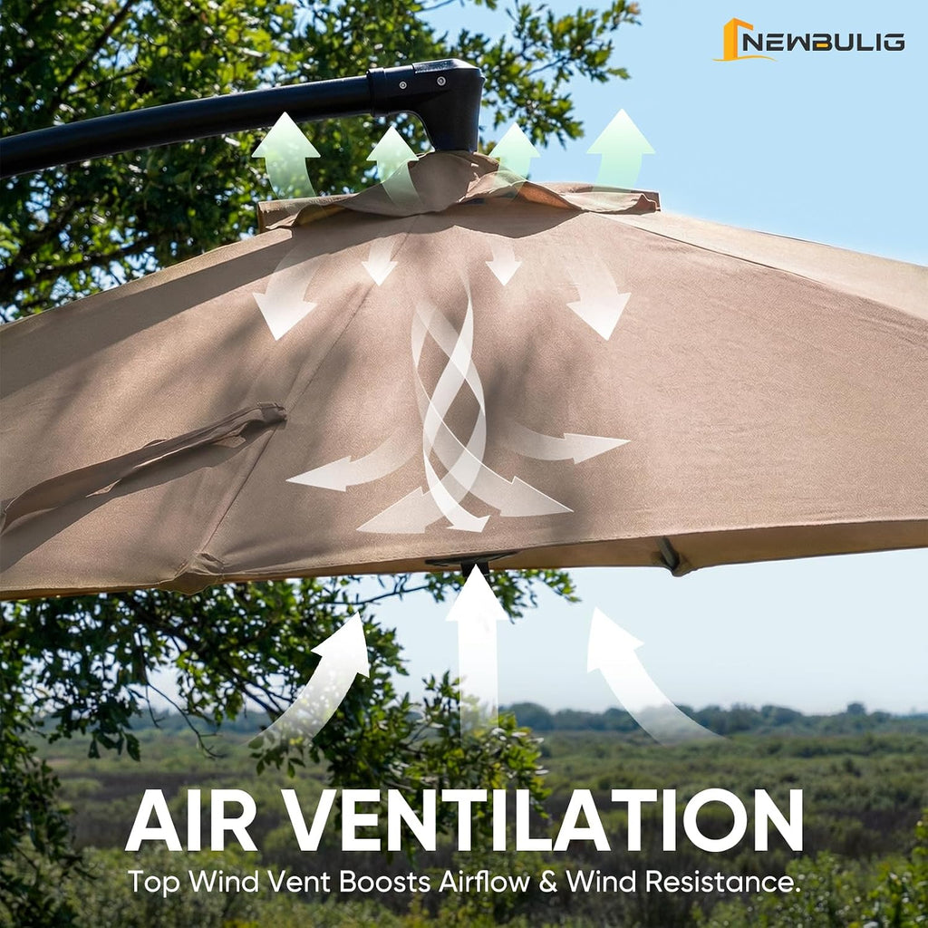NEWBULIG 10FT Patio Umbrella with Base Included, Cantilever Umbrella, Khaki