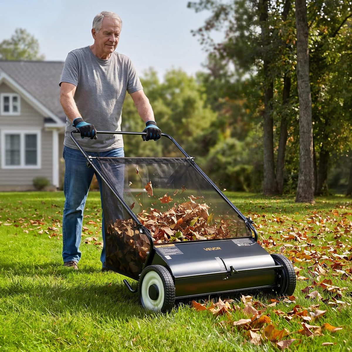 VEVOR Push Lawn Sweeper 26 Inch Leaf & Grass Collector 7 cu. ft. Hopper Bag