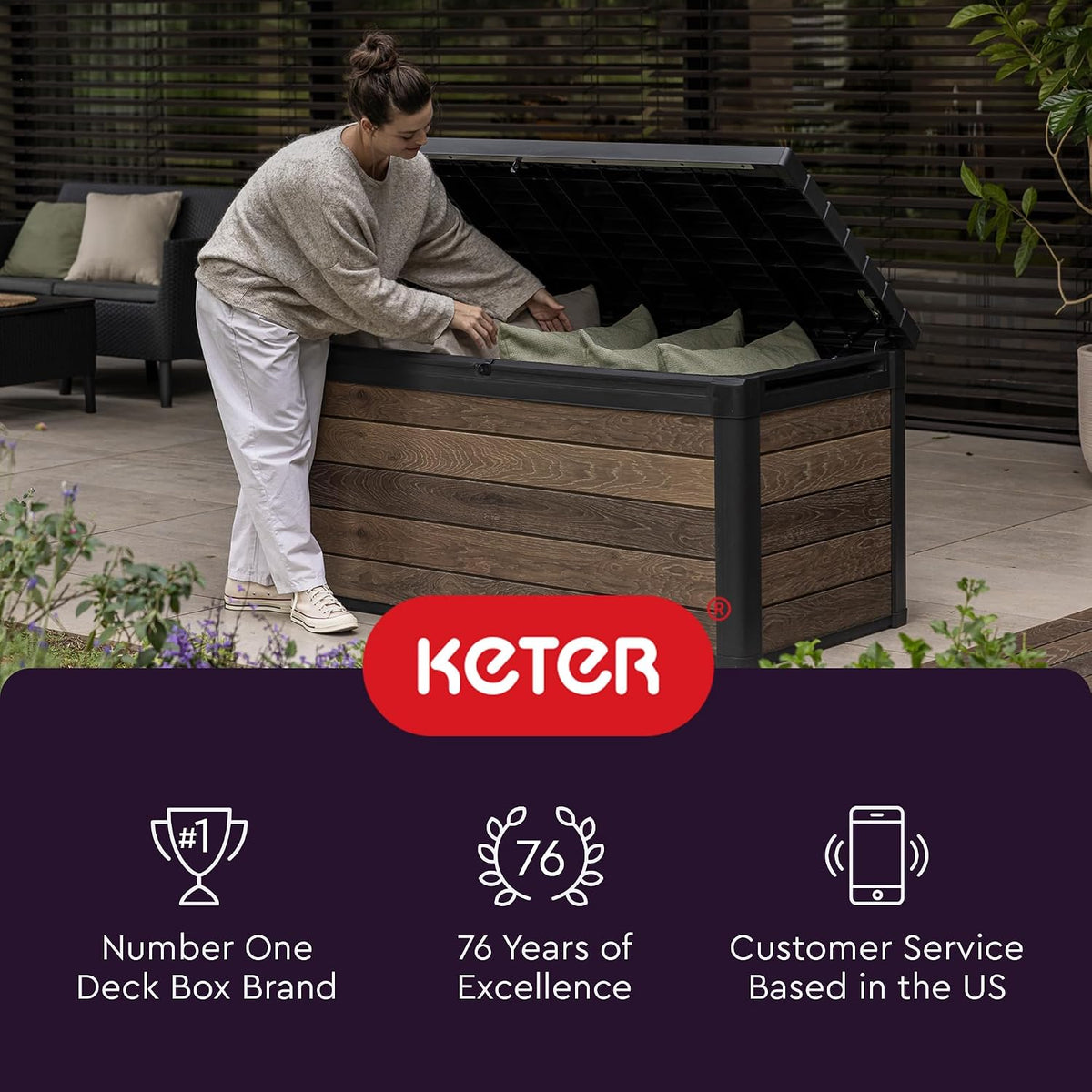 Keter Marvel Plus 71 Gallon Resin Deck Box-Organization and Storage for Patio Storage Box Outdoor Cushions, Throw Pillows, Garden Tools and Pool Accessories, Dark Grey