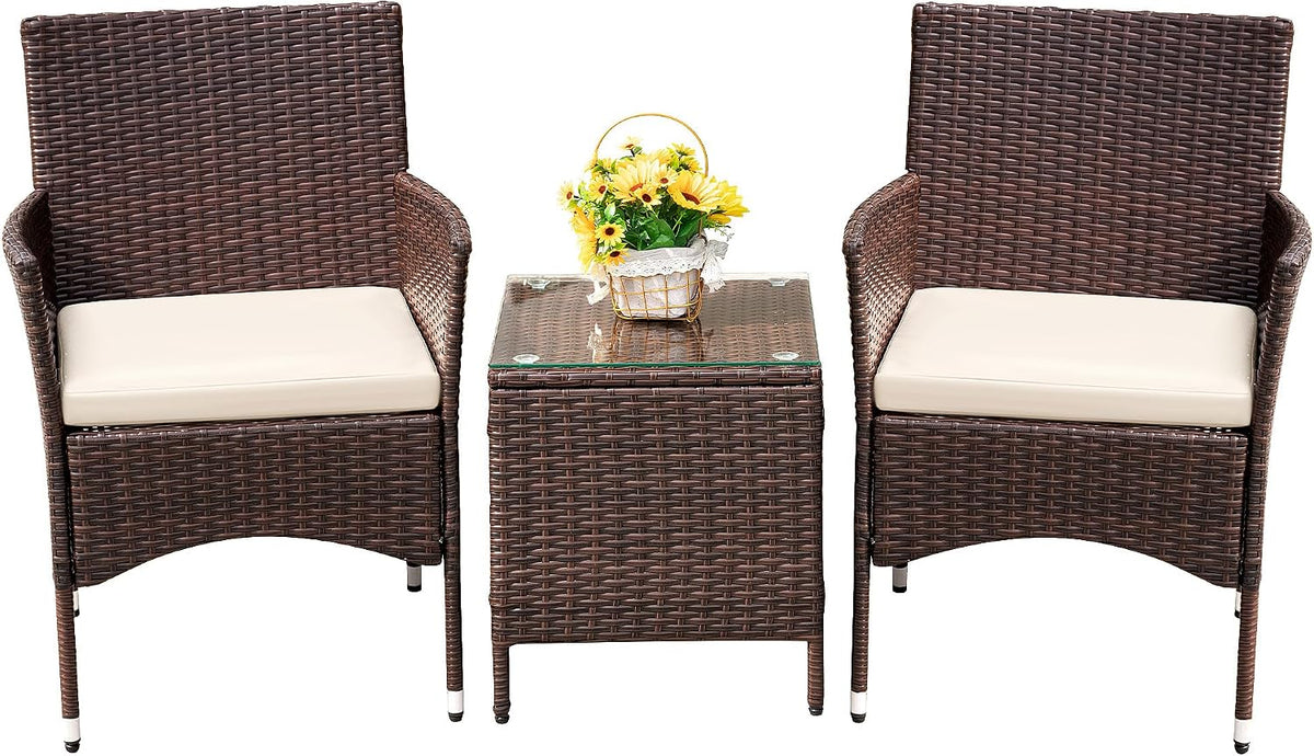 Devoko 3 Piece Patio Furniture Set Outdoor Wicker Conversation (Brown)