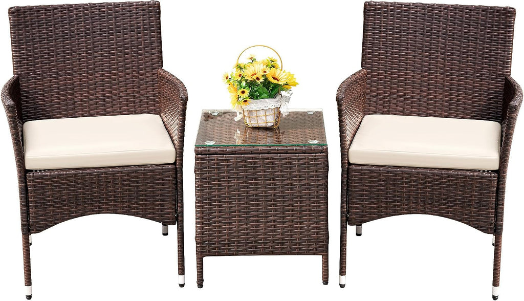 Devoko 3 Piece Patio Furniture Set Outdoor Wicker Conversation (Brown)