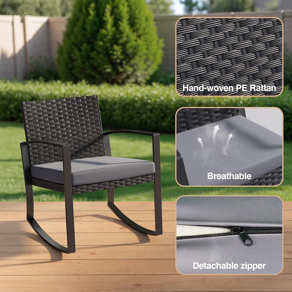 Qsun 3 Pieces Patio Furniture Set Rocking Bistro Set Outdoor Rattan Conversation with Coffee Table for Garden Balcony Backyard Poolside (Grey Cushion)