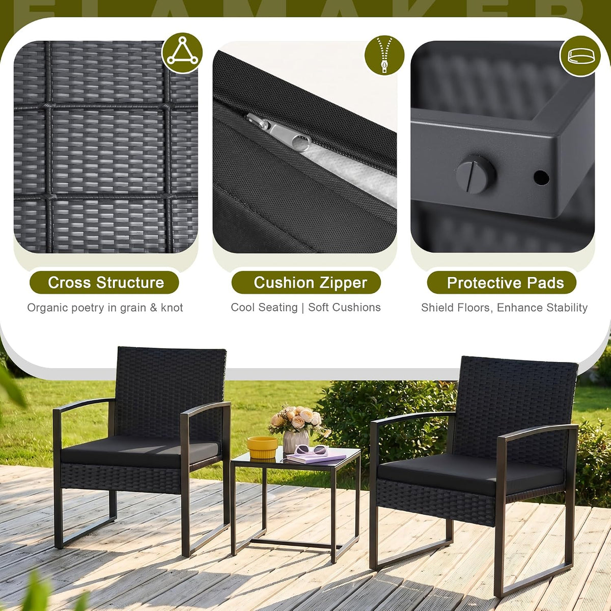 Flamaker 3 Pieces Patio Furniture Set Outdoor Wicker Bistro Chair (Black)