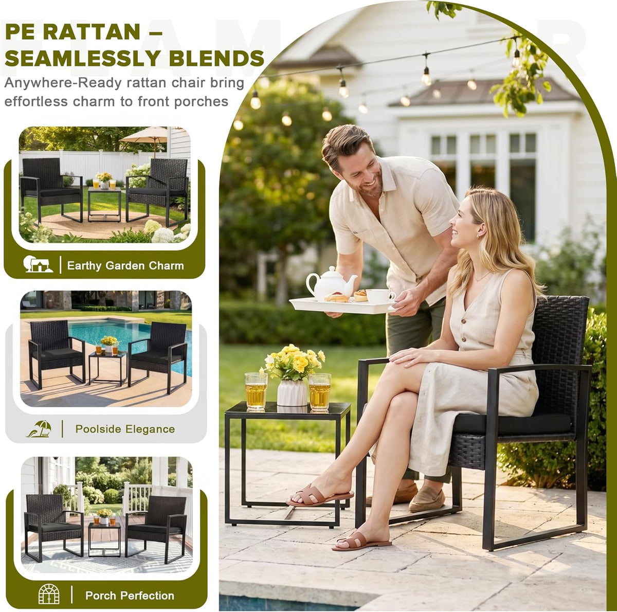 Flamaker 3 Pieces Patio Furniture Set Outdoor Wicker Bistro Chair (Black)