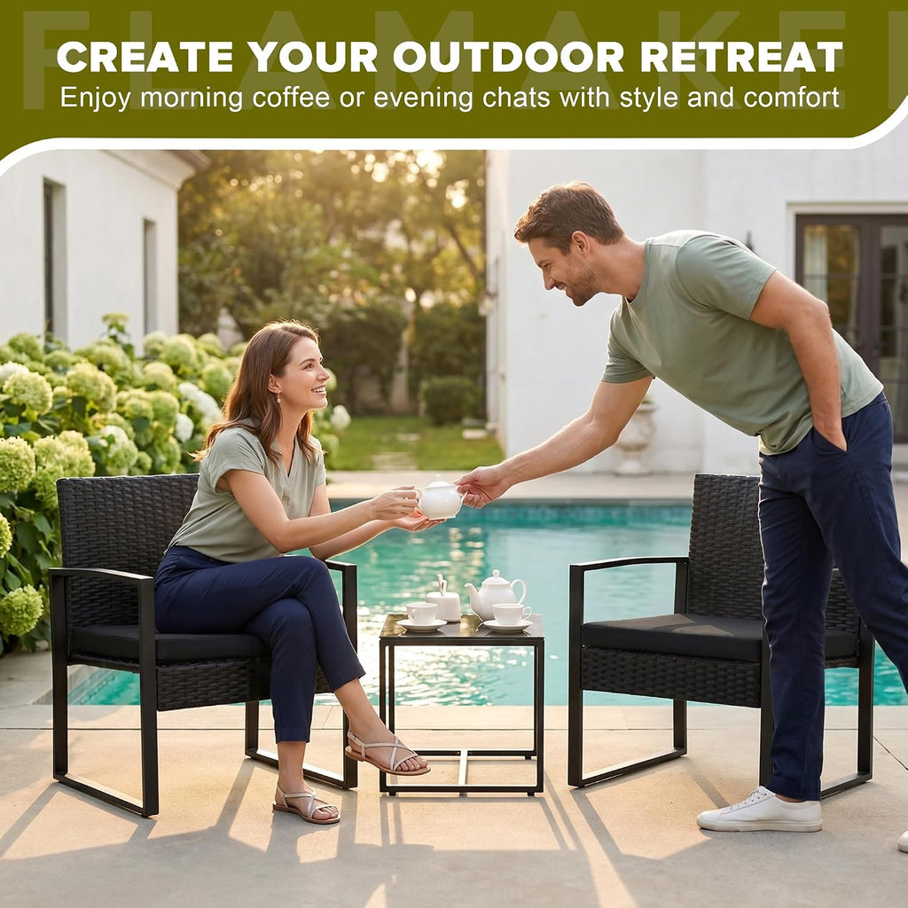 Flamaker 3 Pieces Patio Furniture Set Outdoor Wicker Bistro Chair (Black)