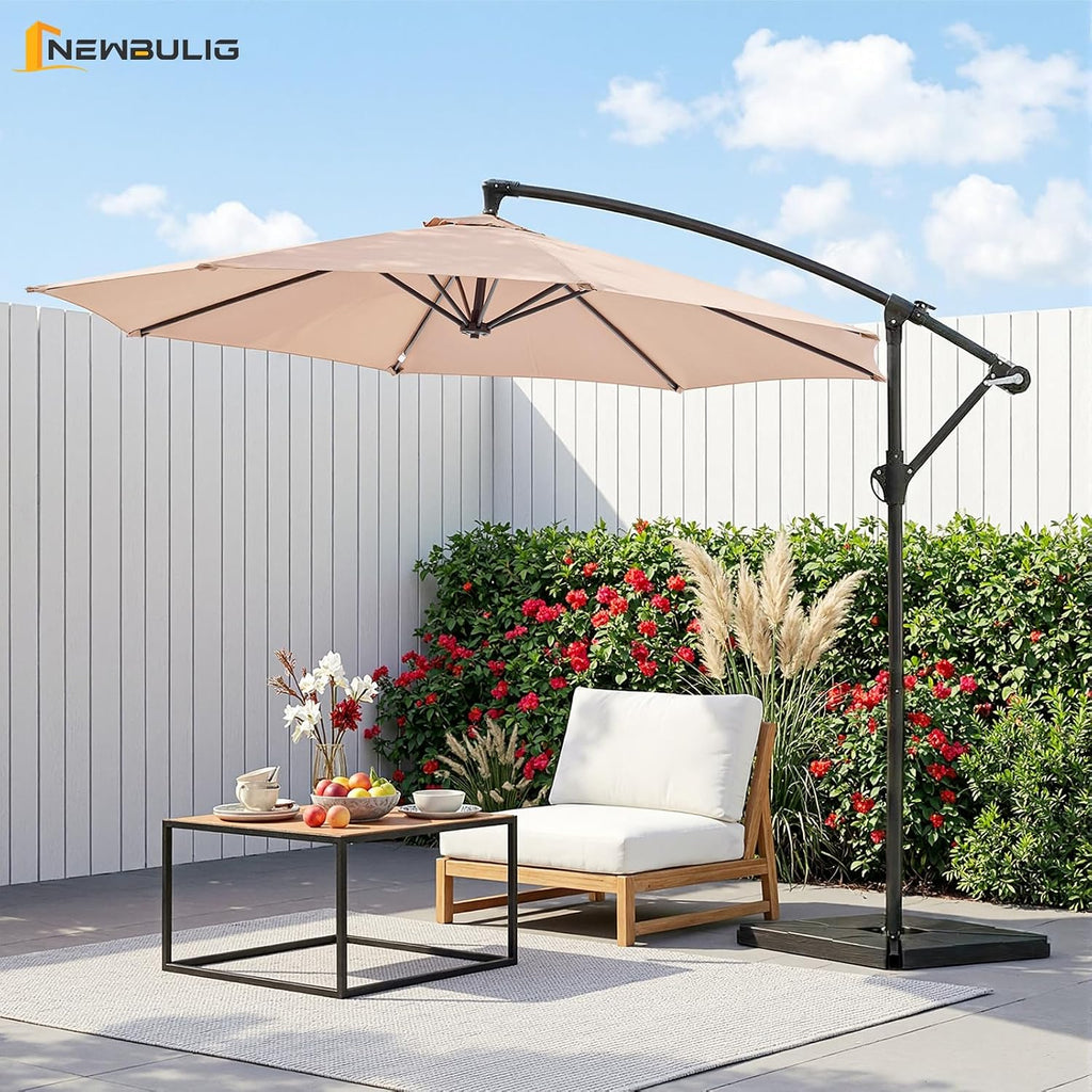 NEWBULIG 10FT Patio Umbrella with Base Included, Cantilever Umbrella, Khaki