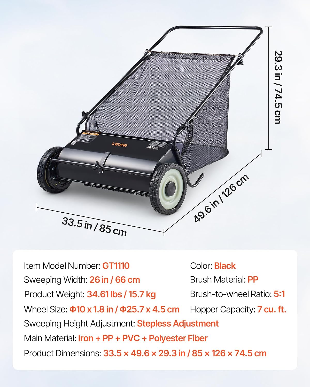VEVOR Push Lawn Sweeper 26 Inch Leaf & Grass Collector 7 cu. ft. Hopper Bag