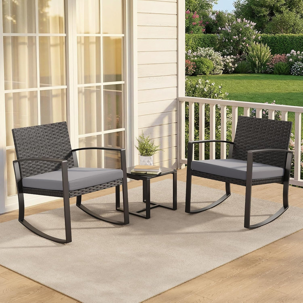 Qsun 3 Pieces Patio Furniture Set Rocking Bistro Set Outdoor Rattan Conversation with Coffee Table for Garden Balcony Backyard Poolside (Grey Cushion)