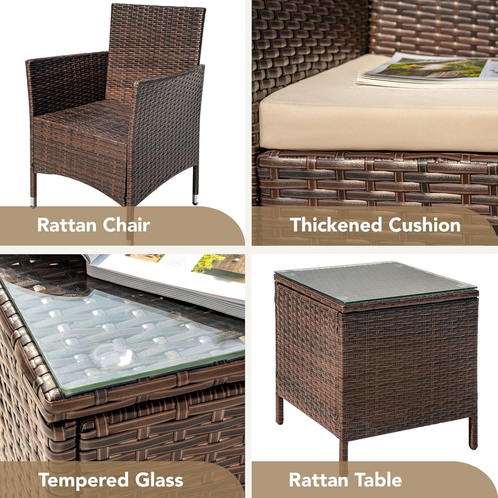 Devoko 3 Piece Patio Furniture Set Outdoor Wicker Conversation (Brown)