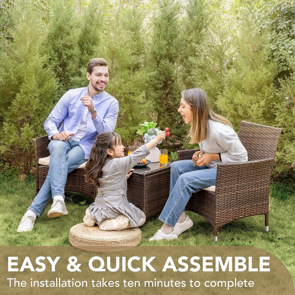 Devoko 3 Piece Patio Furniture Set Outdoor Wicker Conversation (Brown)