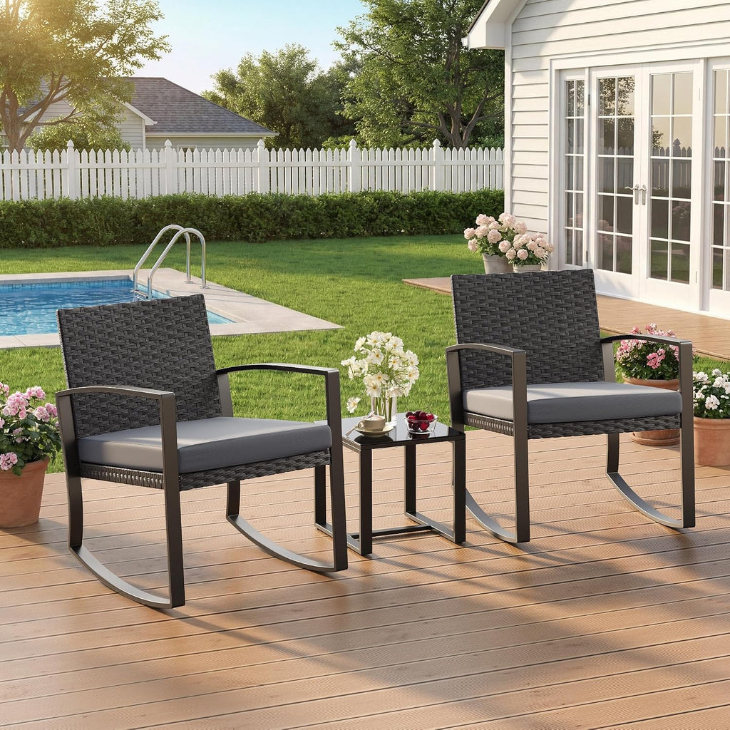 Qsun 3 Pieces Patio Furniture Set Rocking Bistro Set Outdoor Rattan Conversation with Coffee Table for Garden Balcony Backyard Poolside (Grey Cushion)